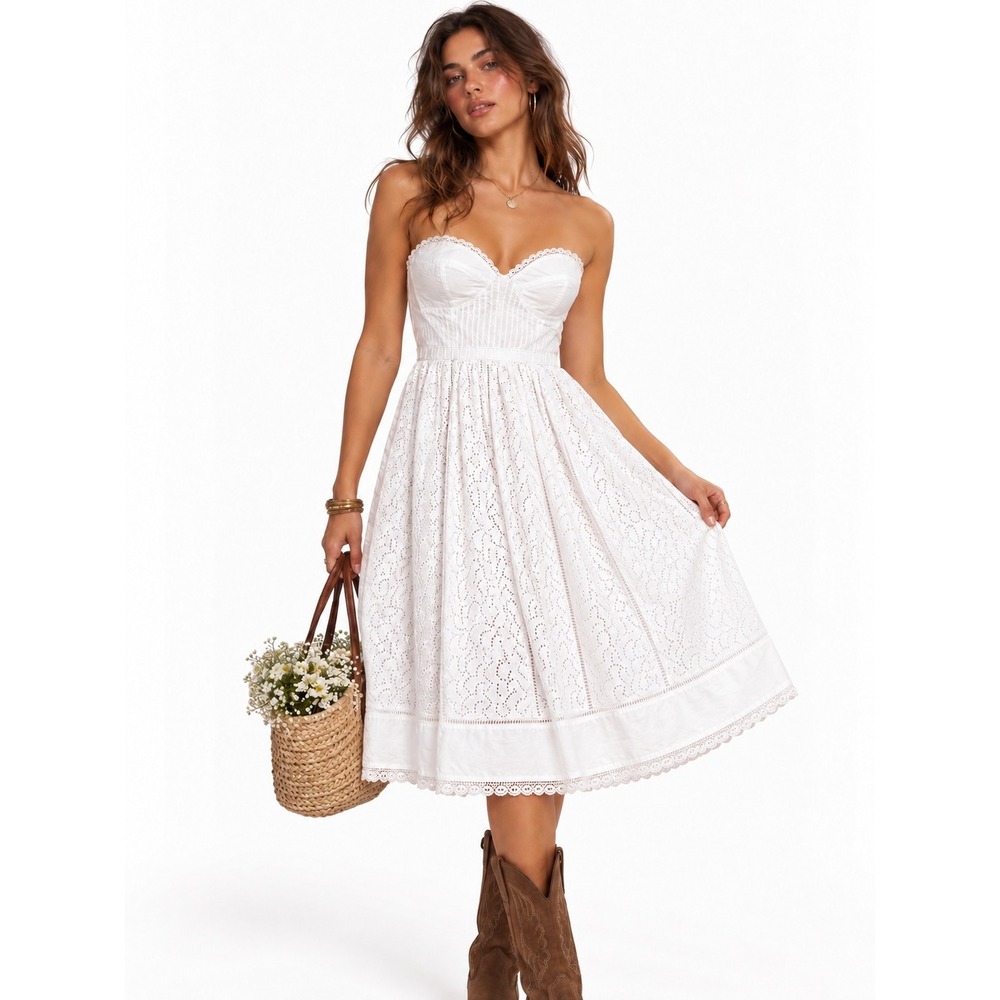 Tibi White Eyelet Strapless Midi Dress 6 Sweetheart Bustier Cottagecore Milkmaid